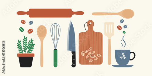 A charming flat lay illustration showcasing a delightful array of essential kitchen tools, baking equipment, and fresh ingredients, perfect for home cooking and culinary creativity