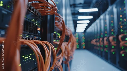 Close-up view of server racks with orange network cables connected in a data center with rows of equipment in the background