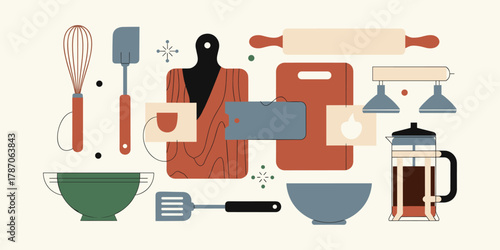 Modern flat design illustration featuring a variety of culinary tools and kitchenware essentials for baking and cooking concepts