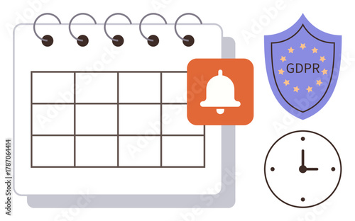 Calendar with bell reminder, GDPR compliance shield, and clock. Ideal for scheduling, time management, planning, data protection, compliance reminders and digital security. Simple flat metaphor