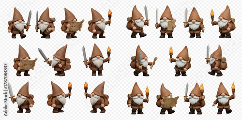 A collection of 3D rendered cartoon gnomes in various poses, holding swords, maps, and torches, ready for adventure.