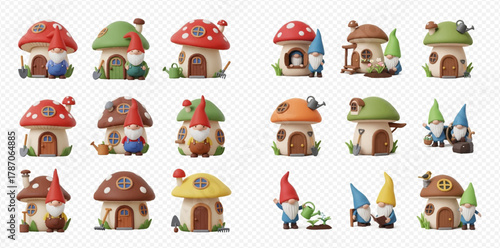 Collection of cute 3D rendered gnomes and whimsical mushroom houses on a transparent background.
