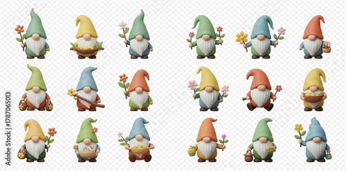 Collection of 18 cute 3D rendered garden gnomes with colorful hats and flowers on a transparent background.
