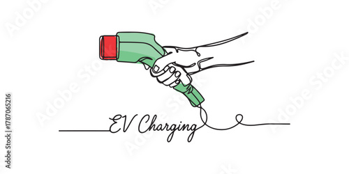 Minimalist vector illustration of a hand holding an electric vehicle (EV) charging plug in green and red, with the cable elegantly forming the cursive text “EV Charging.” ,clean energy campaigns