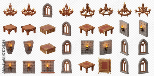 Isometric medieval fantasy game assets featuring chandeliers, tables, boxes, wall torches, and gothic windows.