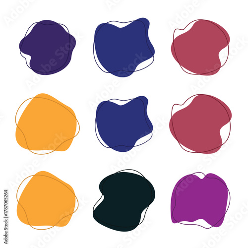 Set of nine abstract organic shapes with hand drawn outlines in various colors