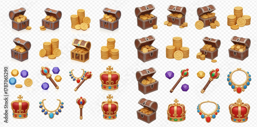 A collection of isometric 3D rendered fantasy game assets including treasure chests, gold coins, royal crowns, scepters, and jeweled necklaces on a transparent background.