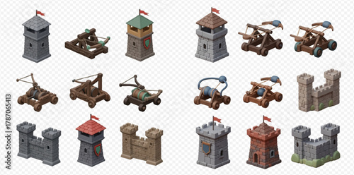 Isometric set of medieval castle fortifications, watchtowers, and siege weapons including catapults and trebuchets, isolated on a transparent background.