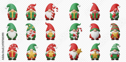 A collection of 3D rendered Christmas gnomes with red and green hats, holding festive items like gifts, candy canes, and stars, on a transparent background.