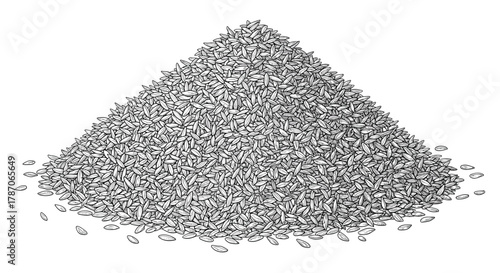 A textured black and white drawing of a mountain of uncooked rice grains, featuring precise details and scattered individual pieces.