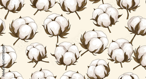 A seamless vector pattern of natural cotton bolls with fluffy white fibers and brown calyxes on a soft cream background, perfect for textile design and fabric prints.
