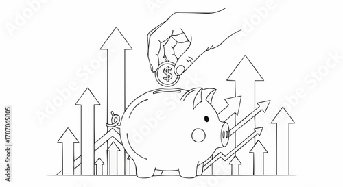 Hand putting coin into piggy bank with rising arrows, symbolizing financial growth and savings.