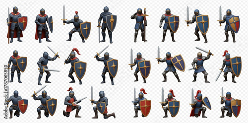 Set of detailed illustrations depicting armored medieval knights holding weapons and shields, ready for battle, in various dynamic poses.