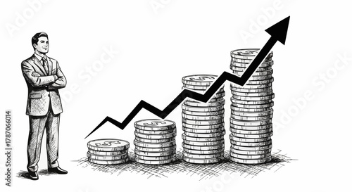 Businessman observing financial growth with increasing stacks of coins and upward trend.