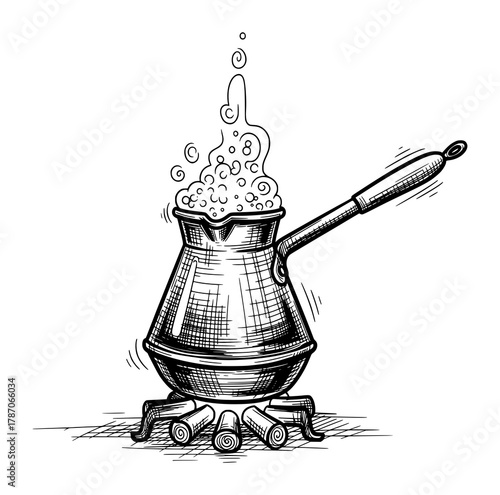 Cezve Coffee Pot Brewing Over Fire in Vintage Engraving Style. Vector Illustration for Rustic Comfort and Ritual.