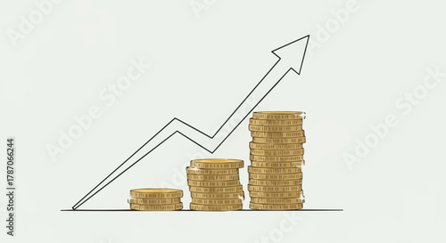 Conceptual illustration of financial growth with increasing coin stacks and an upward arrow.