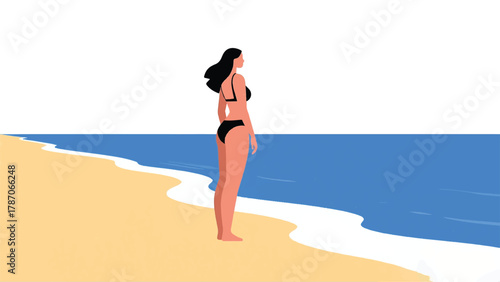Bikini Woman Standing On The Beach Illustrator Artwork Banner Background Design Template 