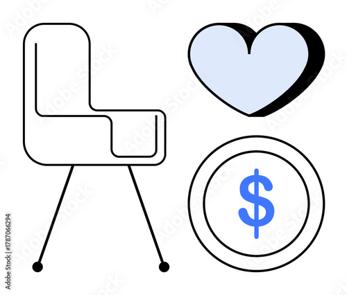 Chair with minimalist design, a heart, and a dollar coin. Ideal for themes of comfort, well-being, business value, lifestyle choices, minimalism modern design financial stability. Simple flat