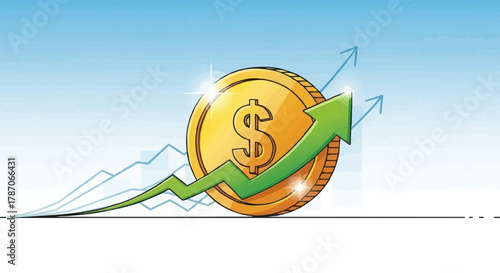 Golden dollar coin with a green upward trending arrow.