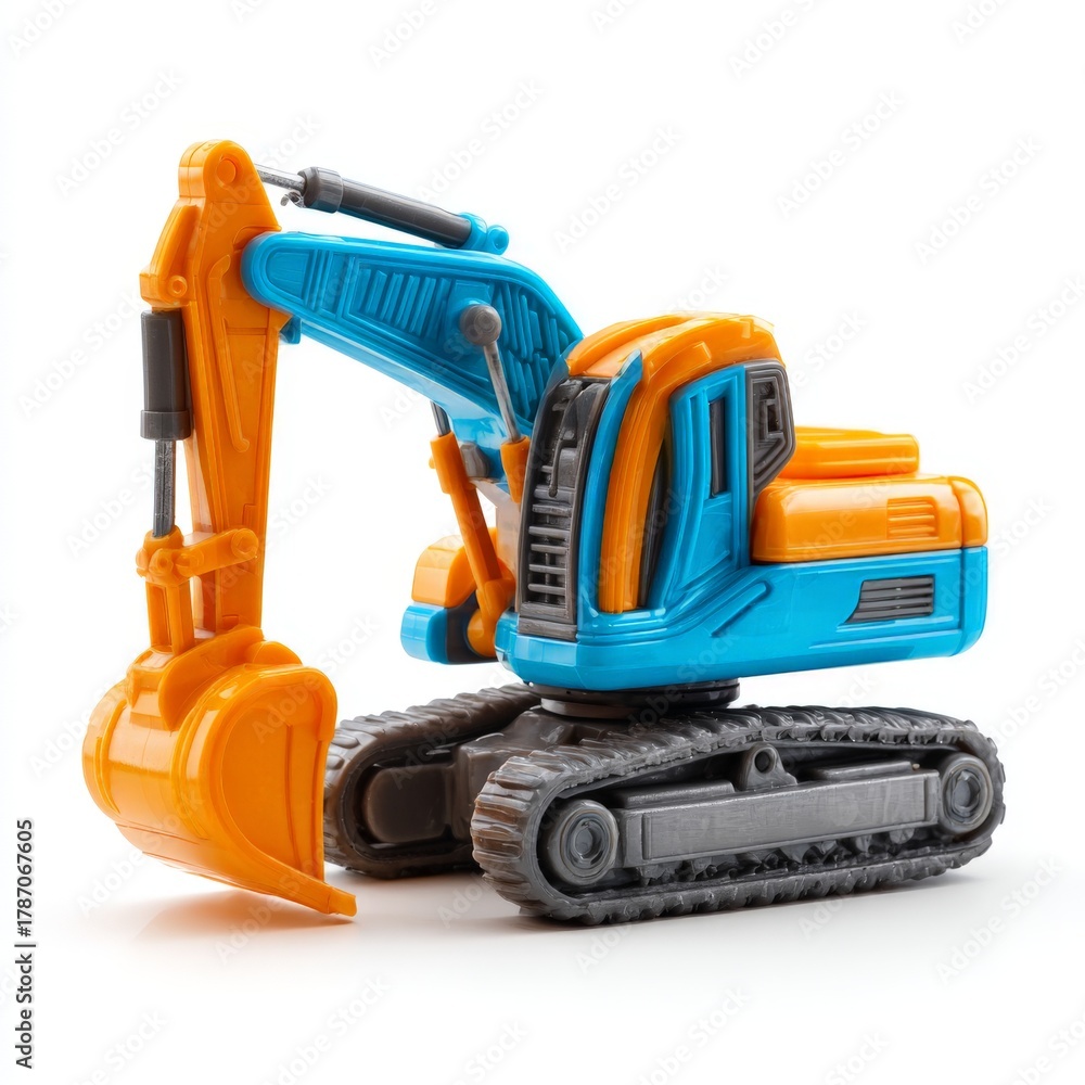 Obraz premium A colorful toy excavator in orange and blue, designed for children's play, isolated on a white background.