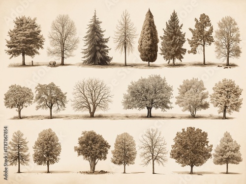 A vintage collection of tree illustrations. Sepia botanical sketches of various forest species.