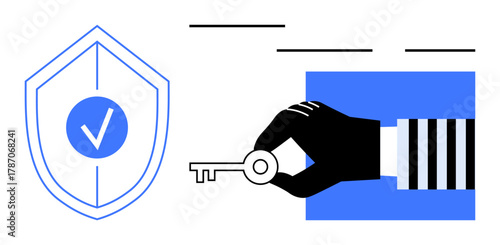 Hand holding key alongside shield with checkmark emphasizing security, access, trust, and protection. Ideal for cybersecurity, privacy, authentication, reliability trust data management. Simple