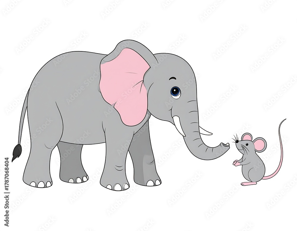 Fototapeta premium Large elephant and tiny mouse interacting on a white background