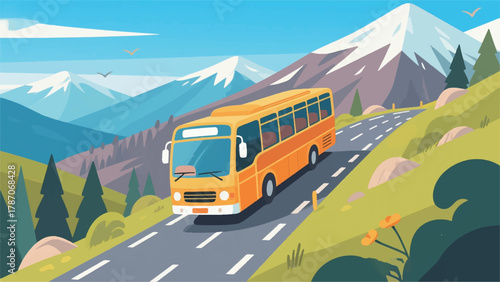 Hill Climbing Bus Trip Illustrator Artwork Banner Background Design Template 