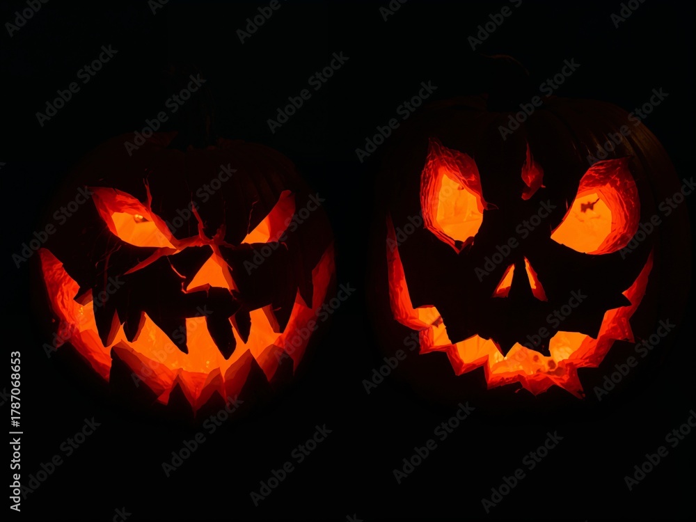 Fototapeta premium Two spooky carved Halloween pumpkins. Glowing jack-o'-lanterns with evil faces isolated on a black background.