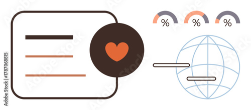 Heart symbol over text lines suggests connection, three percent arcs and globe indicate analytics, global outreach, data sharing. Ideal for community, connection, metrics, social impact, research