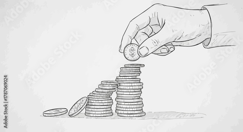 Hand Stacking Coins Sketch Illustrating Financial Growth and Investment.