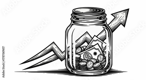 Jar with money and growth arrow illustration.
