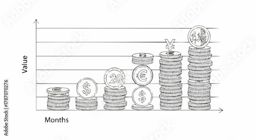 Coin Stack Growth Chart Illustrating Financial Progress Over Months.