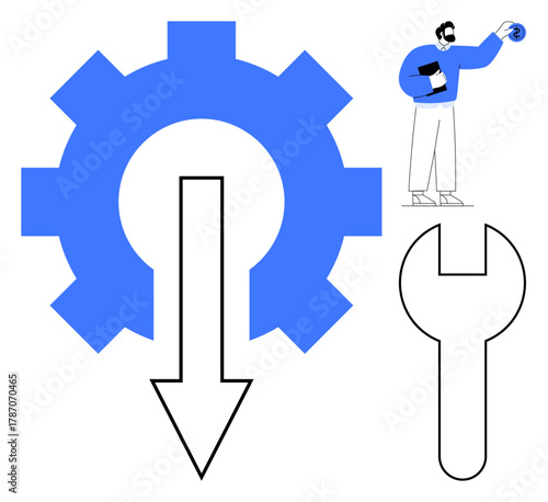 Large gear and arrow symbolizing process improvement with a wrench for system repair and man showing analytics. Ideal for technology, engineering, data, business, management, improvement, efficiency