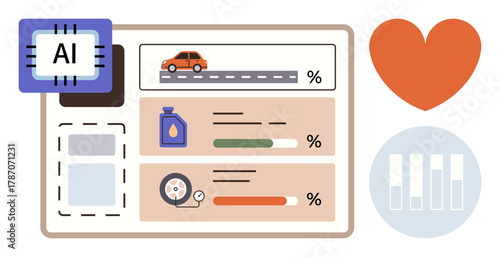 AI chip and dashboard tracking vehicle speed, oil level, and tire pressure, with charts and heart icon. Ideal for automotive, efficiency, analytics, technology, performance diagnostics simple flat