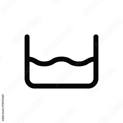 A minimalist black outline icon depicting a square container or vessel partially filled with a wavy liquid, isolated on a white background. Laundry Line Icon. Isolated Vector Clip Art.