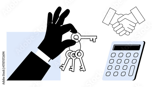 Hand holding keys, shaking hands, and a calculator emphasizing property ownership, agreements, and transactions. Ideal for real estate, business deals, finances, security contracts investments