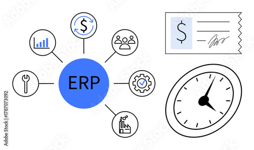 ERP system with interconnected finance, workforce, analytics, tools, and workflow modules. Includes a clock and invoice. Ideal for business management, finance, analytics resources workflow