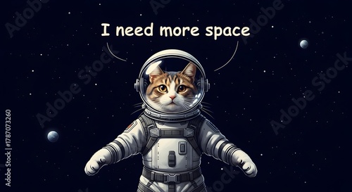 A cute cat dressed as an astronaut floating in space with a speech bubble saying 'I need more space' amidst stars and planets in the background