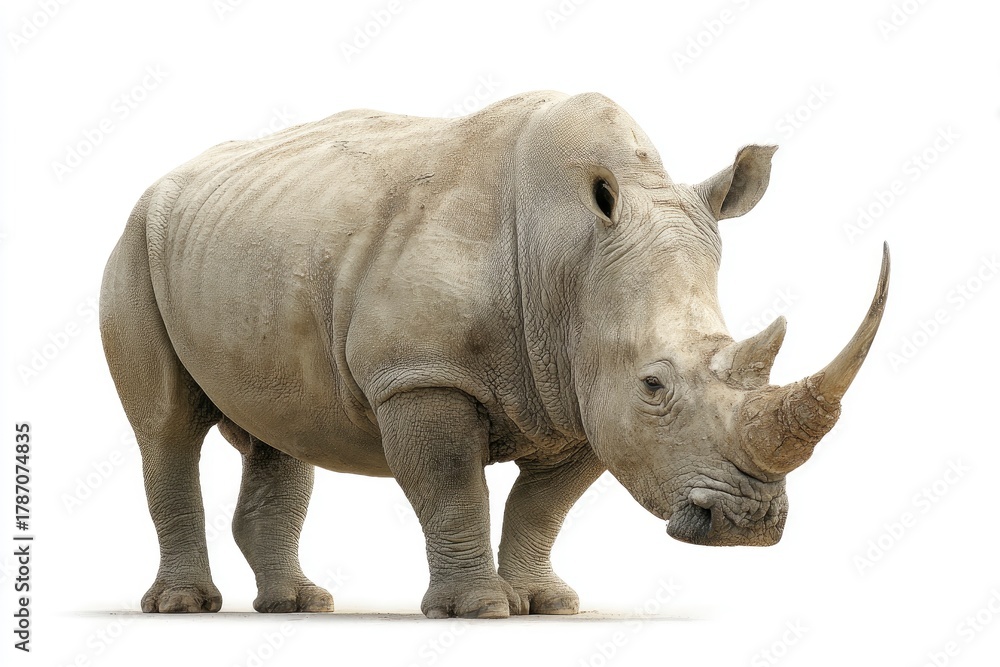 Obraz premium A magnificent rhinoceros stands majestically in full profile against a pristine white background, showcasing its powerful and imposing presence. The animal's distinctive large horn and thick, rugged s