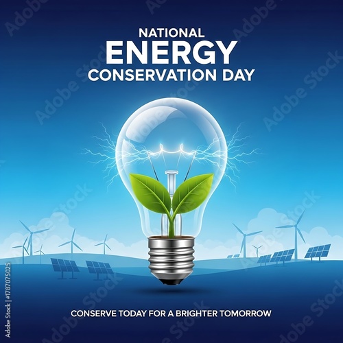 National energy conservation day with lightbulb and green sprouts