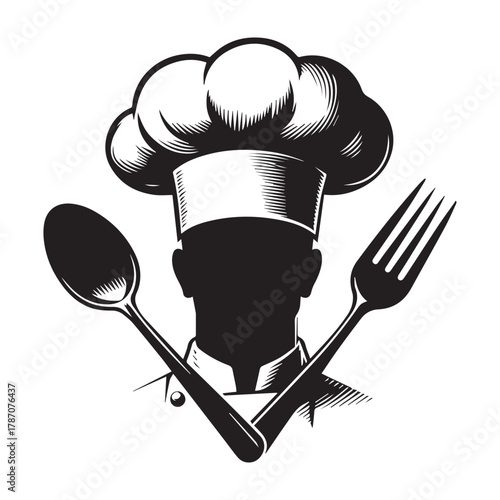 Vintage Cooking Badge with Chefs and Kitchen Utensils