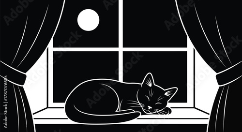 Black cat peacefully sleeping on windowsill under moonlight serenity