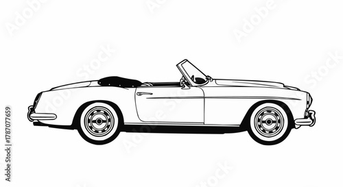 Vintage convertible roadster car black and white line art illustration.
