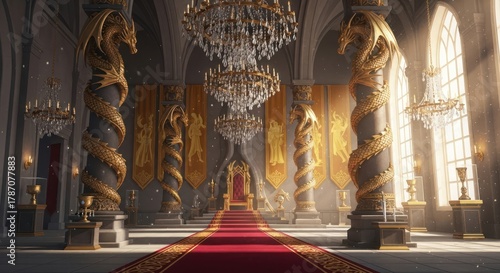 Grand hall with golden dragon pillars, crystal chandeliers and royal decorations