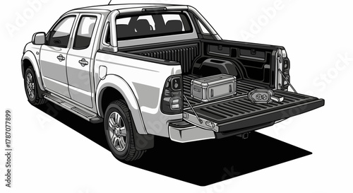 Illustration of a white pickup truck with its tailgate down.