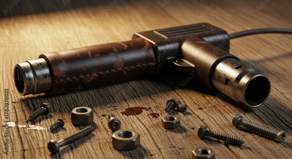 Obraz premium Industrial heat gun resting on wooden surface surrounded by nuts and bolts scattered about