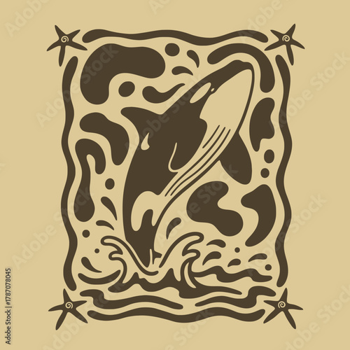 Stylized illustration of a breaching orca whale in a decorative frame with starfish corners.