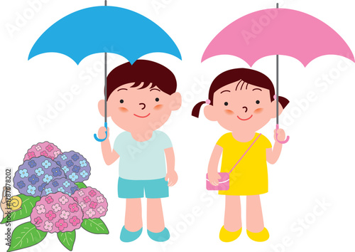 傘をさす男の子と女の子と紫陽花
