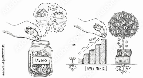 Hand drawn illustration of savings and investments with money jar and growth chart.